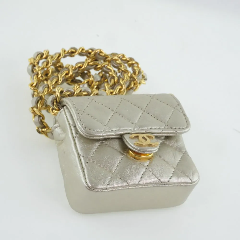 CHANEL Shoulder Bag Calfskin Silver Matrasse Chain Pochette Micro