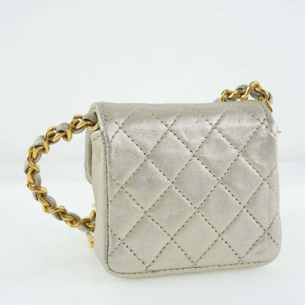 CHANEL Shoulder Bag Calfskin Silver Matrasse Chain Pochette Micro