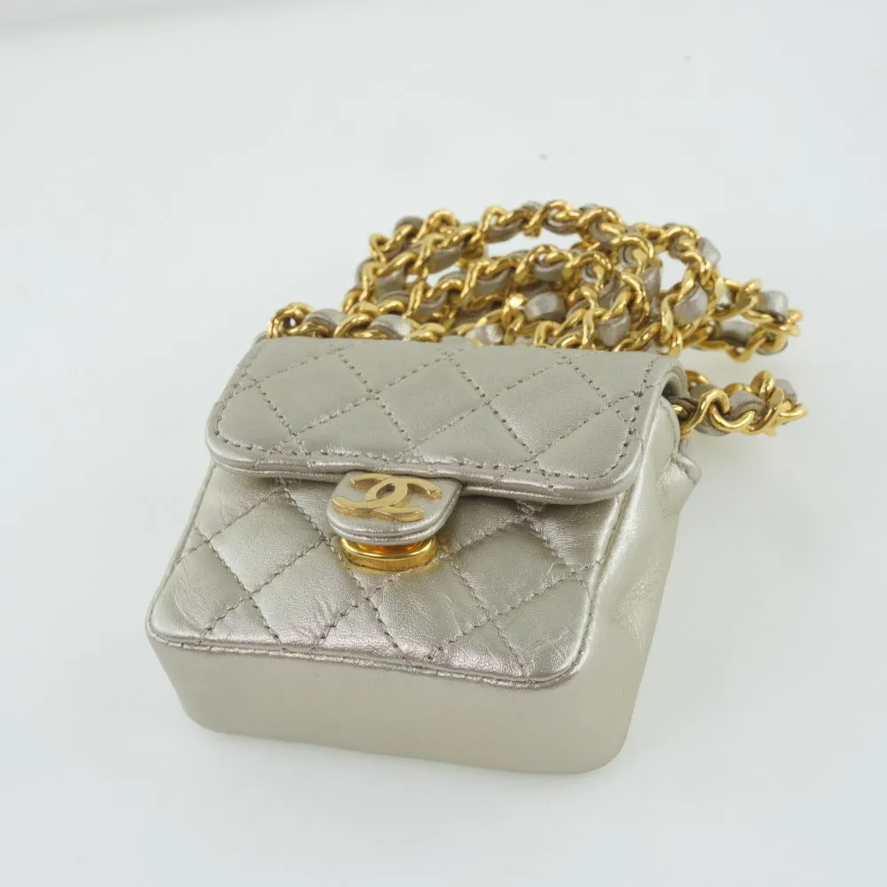 CHANEL Shoulder Bag Calfskin Silver Matrasse Chain Pochette Micro