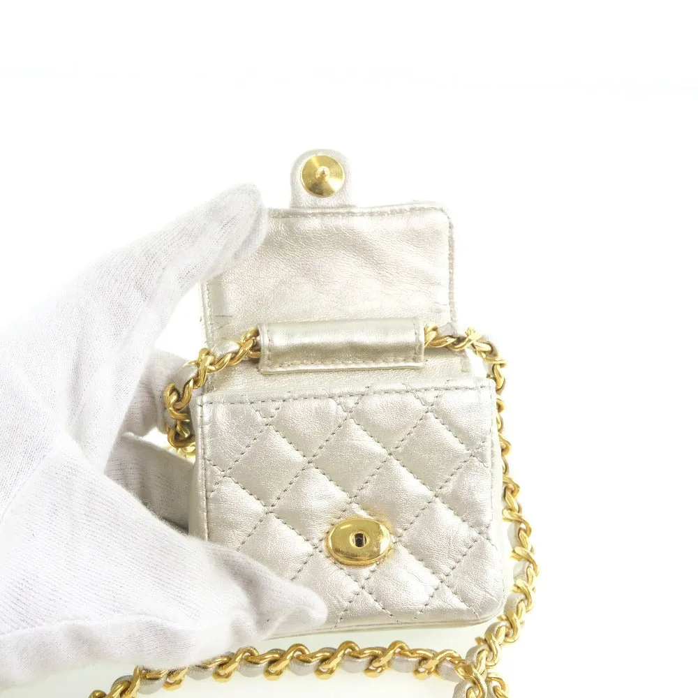 CHANEL Shoulder Bag Calfskin Silver Matrasse Chain Pochette Micro