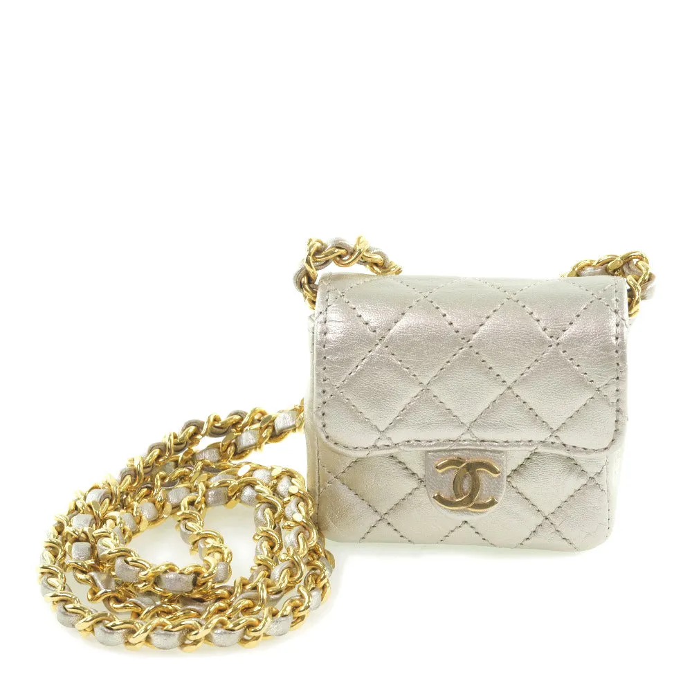 CHANEL Shoulder Bag Calfskin Silver Matrasse Chain Pochette Micro