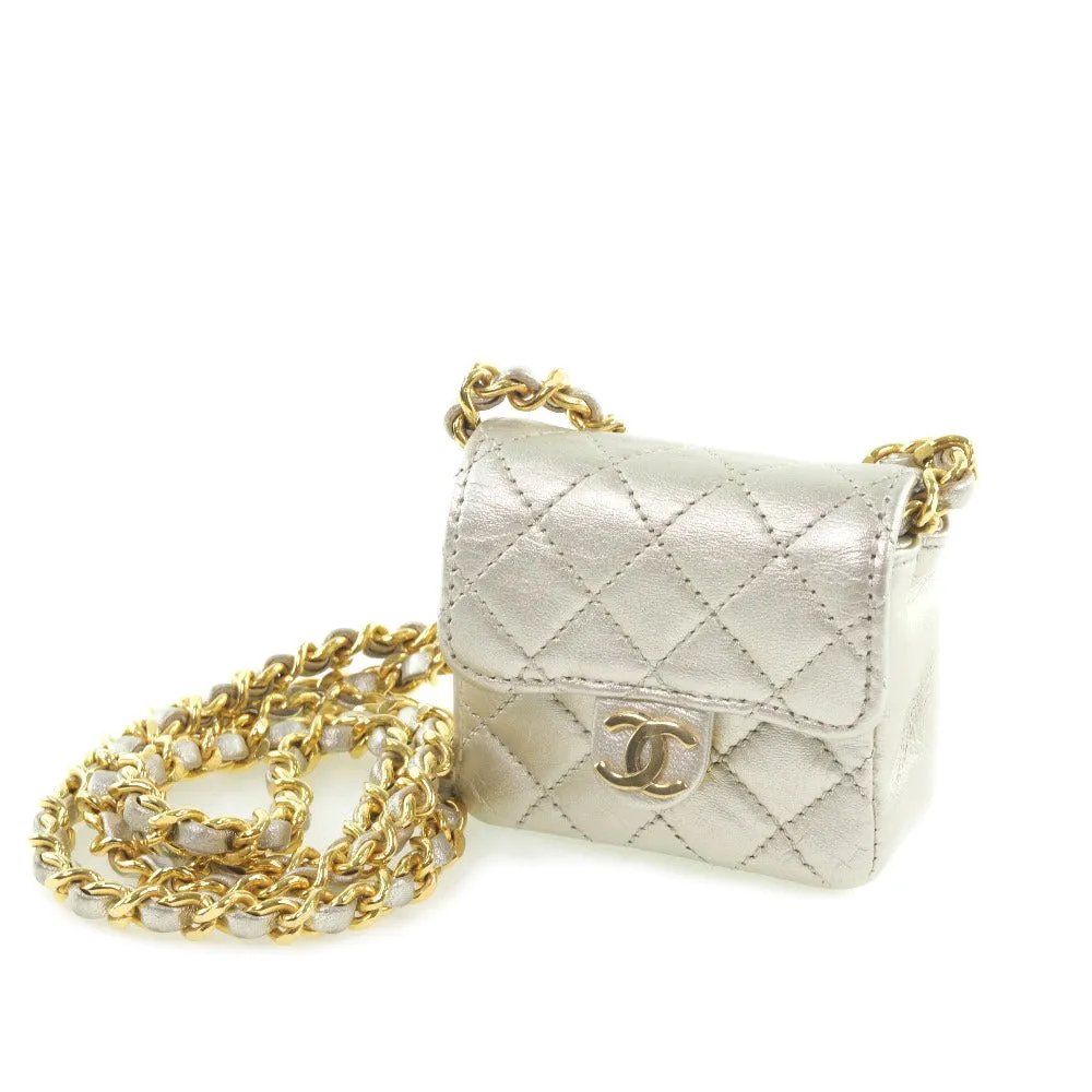 CHANEL Shoulder Bag Calfskin Silver Matrasse Chain Pochette Micro