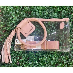 Clear Wristlet With Cuff Handle & Tassel In Blush