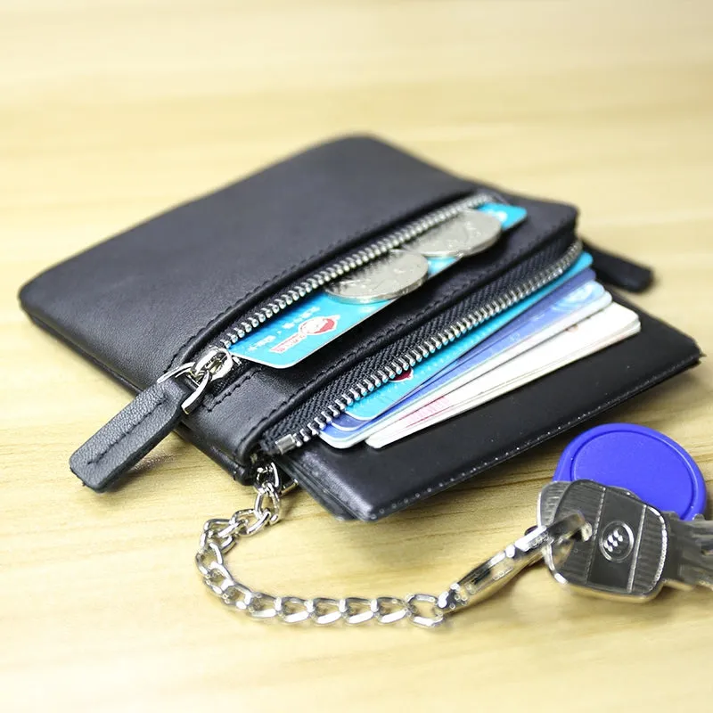 Cute Women Coffee Leather Mini Zip Billfold Wallet with Keychain Navy Coin Wallet Small Zip Change Wallet For Women