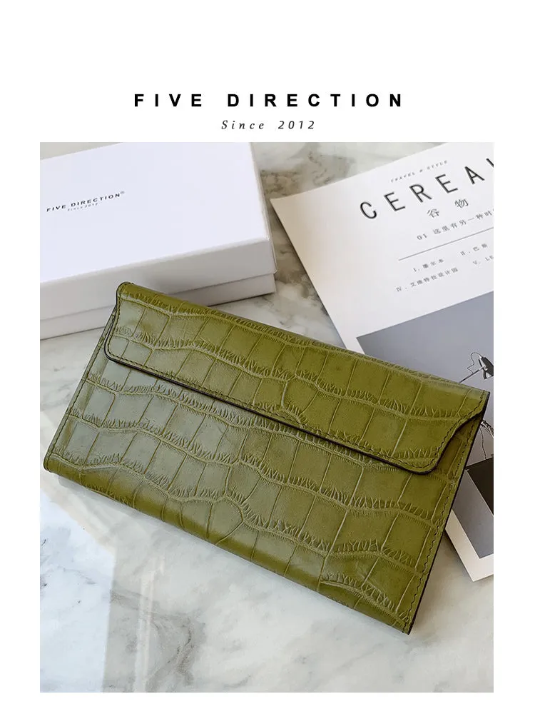 Cute Women Yellow Vegan Leather Long Wallet Crocodile Pattern Card Holder Clutch Wallet For Women