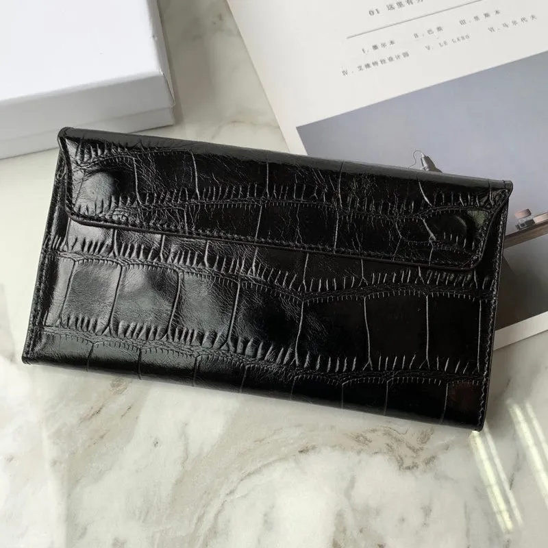 Cute Women Yellow Vegan Leather Long Wallet Crocodile Pattern Card Holder Clutch Wallet For Women