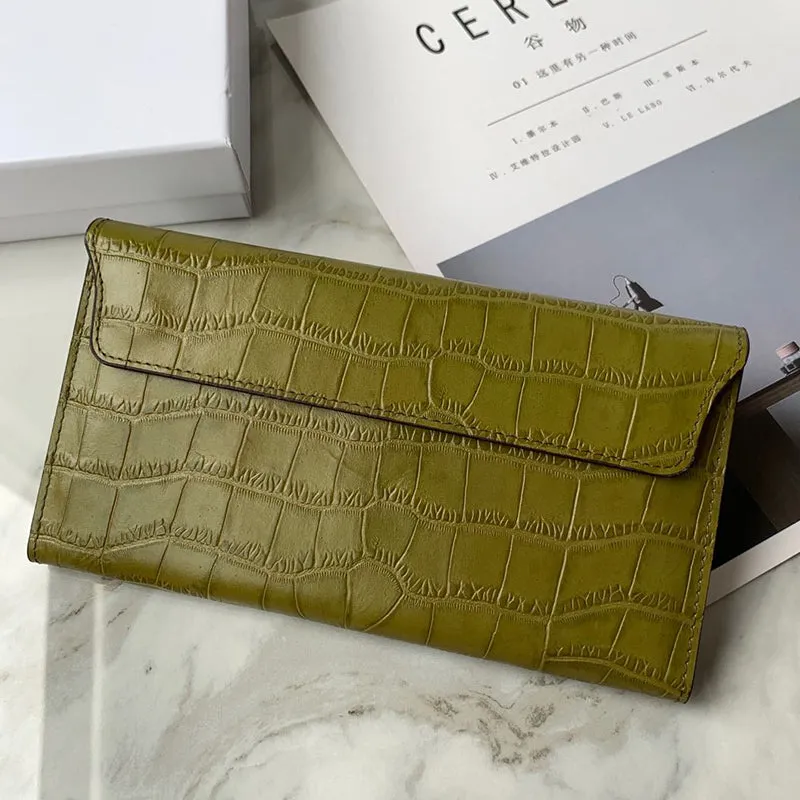 Cute Women Yellow Vegan Leather Long Wallet Crocodile Pattern Card Holder Clutch Wallet For Women