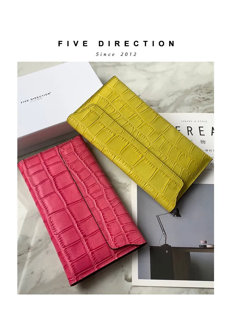 Cute Women Yellow Vegan Leather Long Wallet Crocodile Pattern Card Holder Clutch Wallet For Women