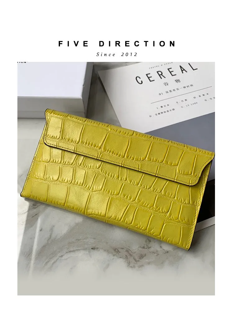 Cute Women Yellow Vegan Leather Long Wallet Crocodile Pattern Card Holder Clutch Wallet For Women