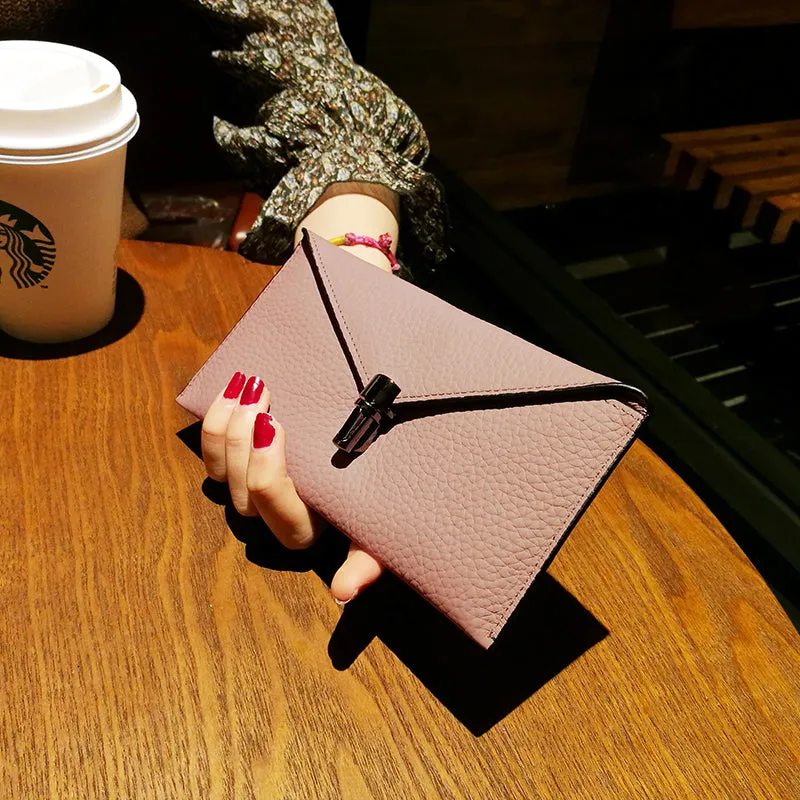 Cute Womens Green Leather Envelope Wallet Slim Clutch Purse Checkbook Long Wallet for Women