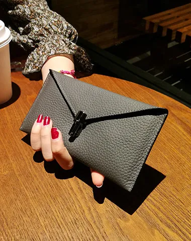 Cute Womens Green Leather Envelope Wallet Slim Clutch Purse Checkbook Long Wallet for Women