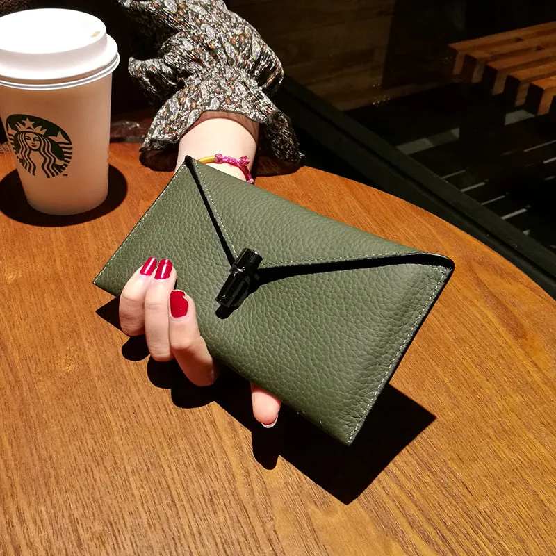 Cute Womens Green Leather Envelope Wallet Slim Clutch Purse Checkbook Long Wallet for Women