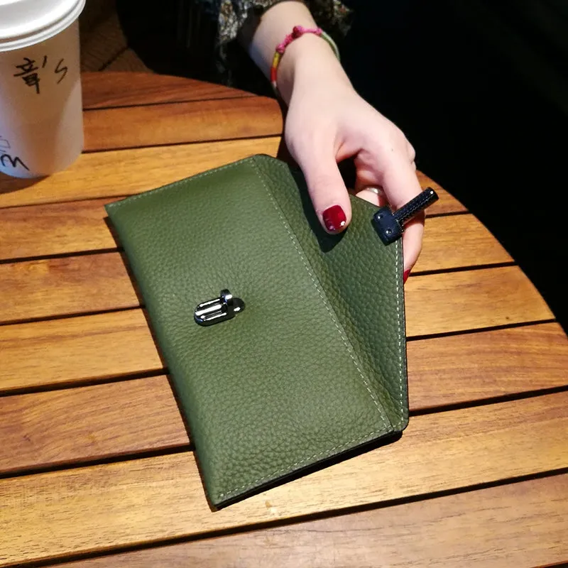 Cute Womens Green Leather Envelope Wallet Slim Clutch Purse Checkbook Long Wallet for Women