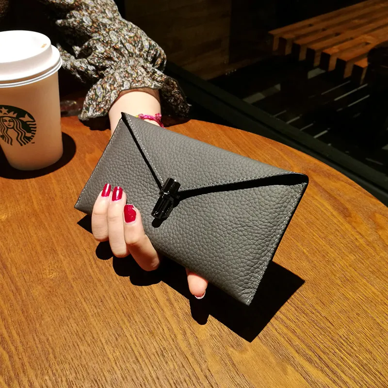 Cute Womens Green Leather Envelope Wallet Slim Clutch Purse Checkbook Long Wallet for Women