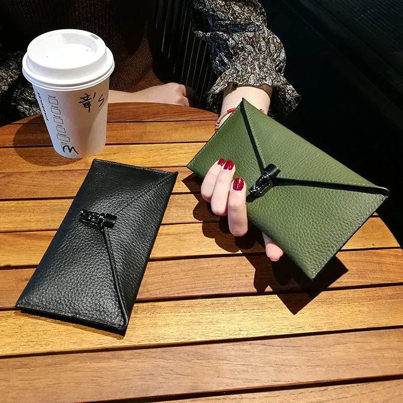 Cute Womens Green Leather Envelope Wallet Slim Clutch Purse Checkbook Long Wallet for Women