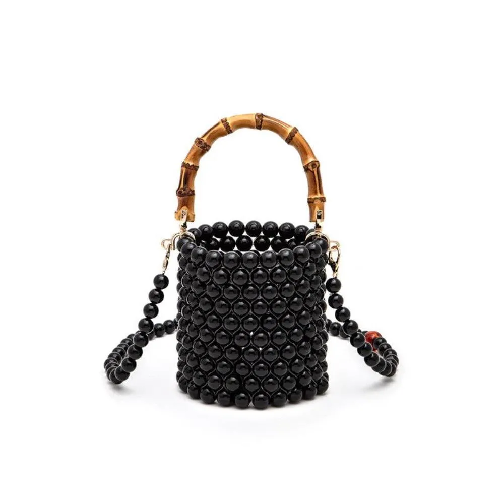 FASHNZFAB Bamboo Top Handle Beaded Bucket Clutch Bag