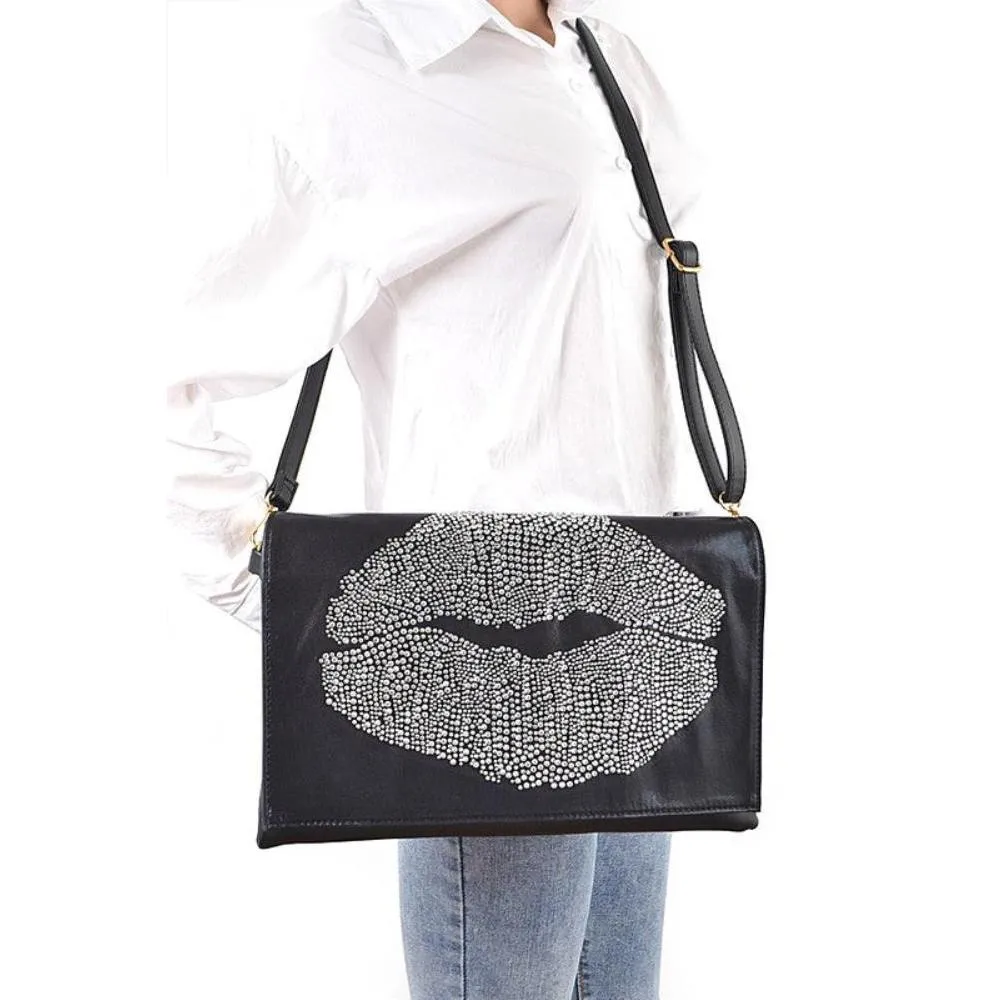 FASHNZFAB Oversize Rhinestone Lips Convertible Clutch