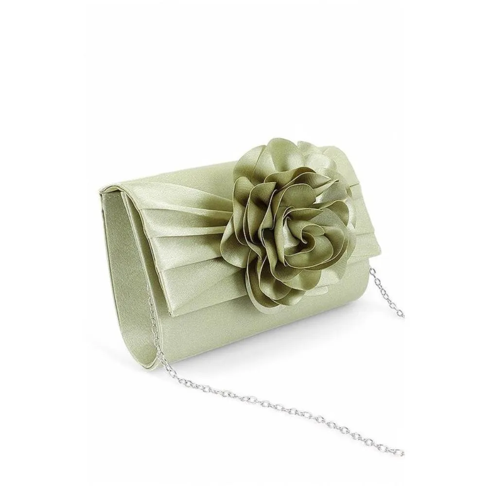 FASHNZFAB Satin Flower Pleated Clutch Bag