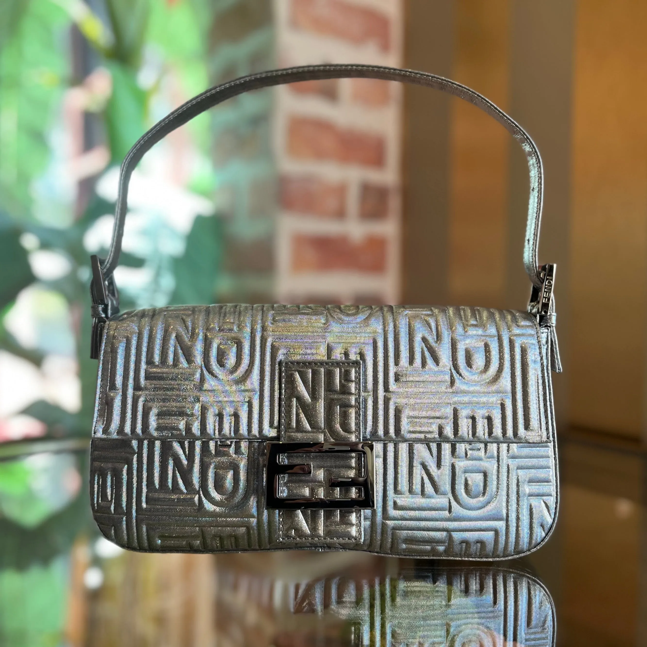FENDI Baguette Metallic Silver FF Embossed Nylon Vintage Shoulder Bag