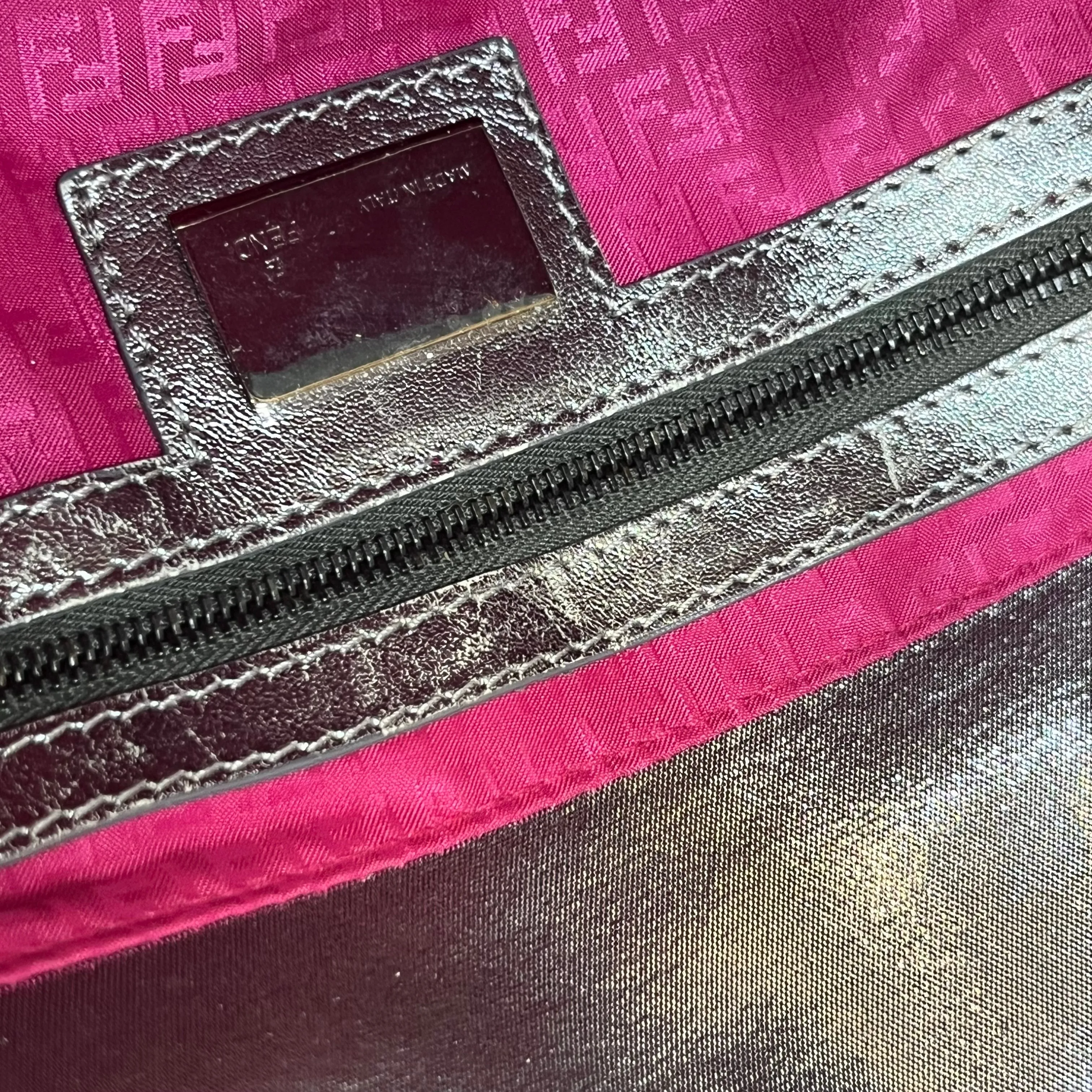FENDI Baguette Metallic Silver FF Embossed Nylon Vintage Shoulder Bag