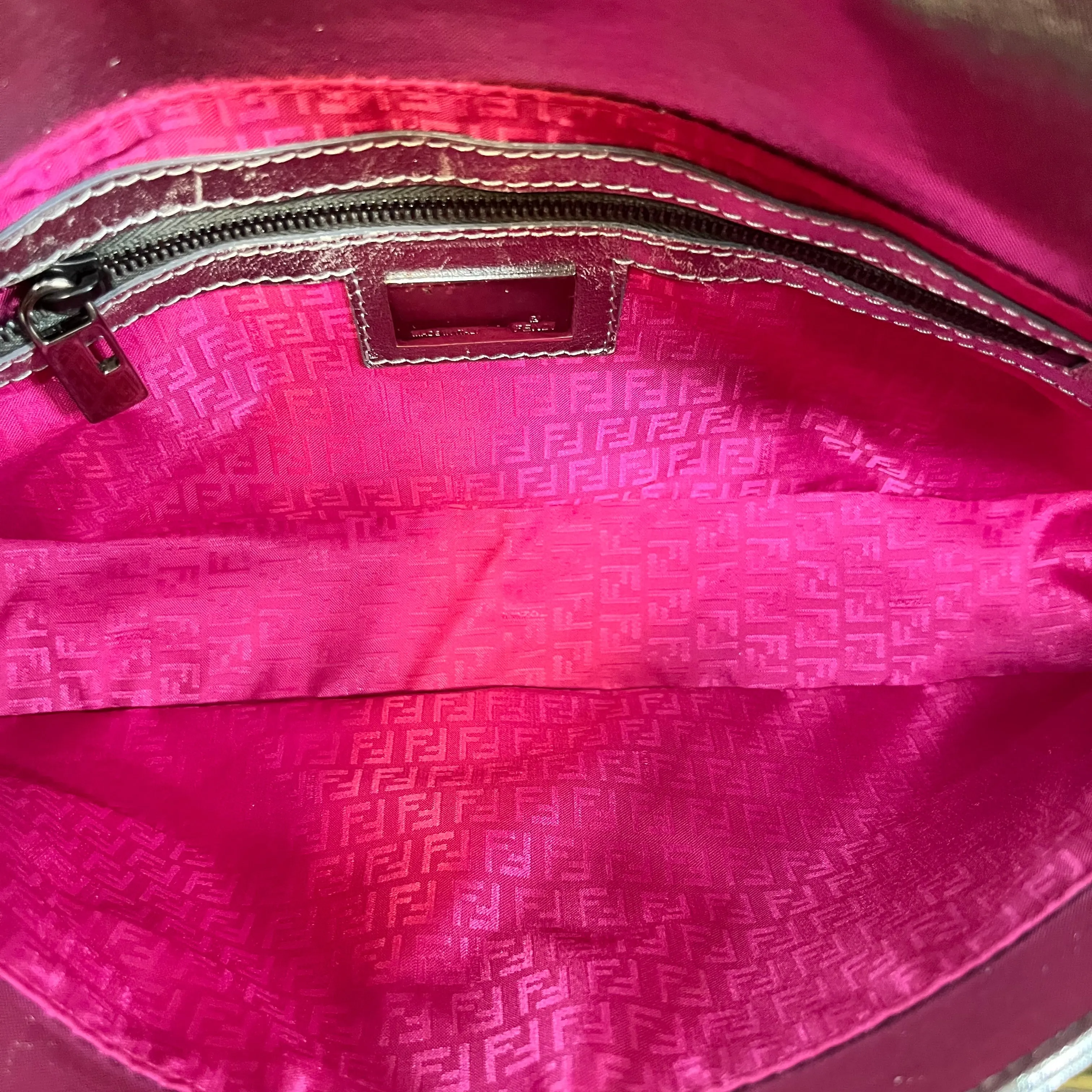 FENDI Baguette Metallic Silver FF Embossed Nylon Vintage Shoulder Bag