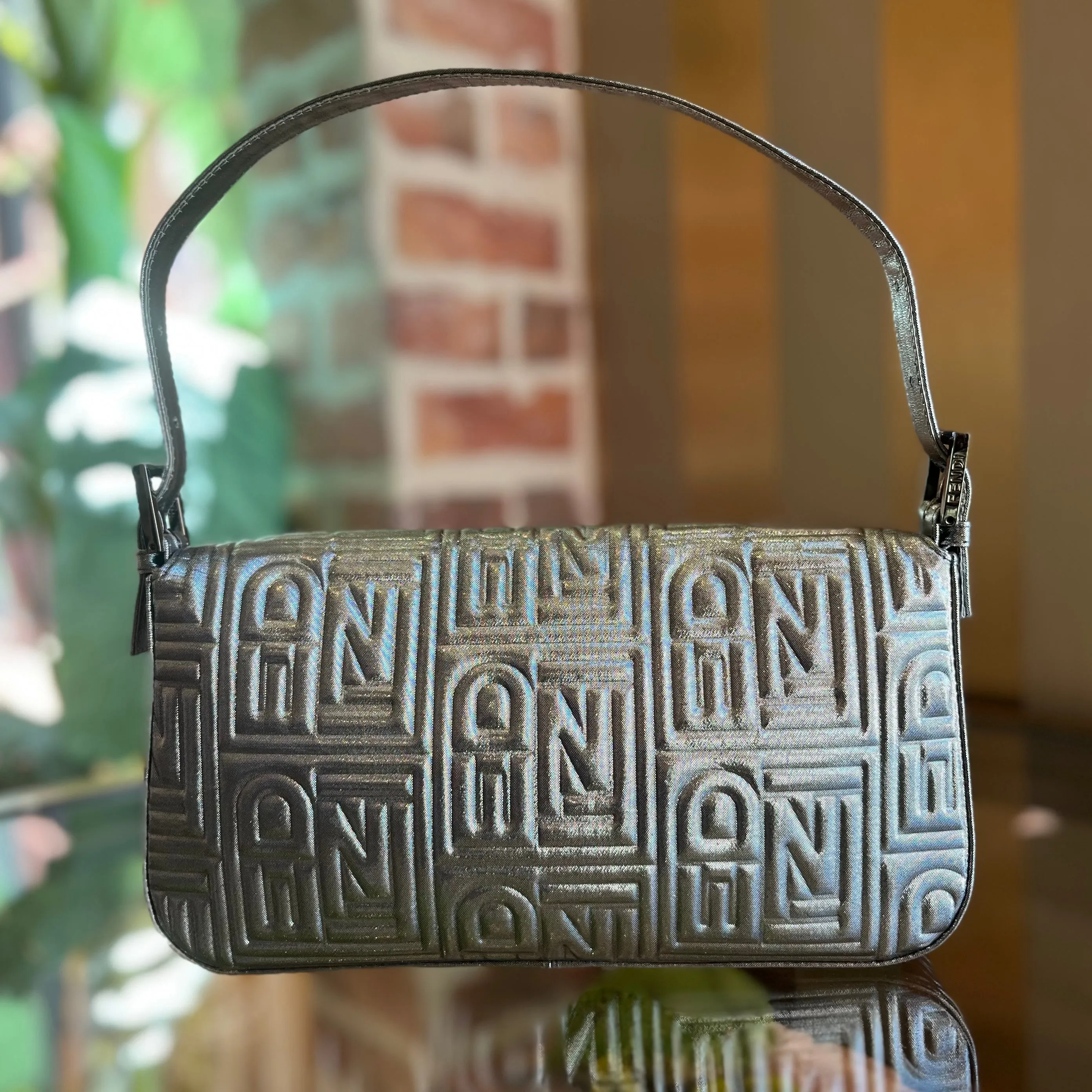 FENDI Baguette Metallic Silver FF Embossed Nylon Vintage Shoulder Bag