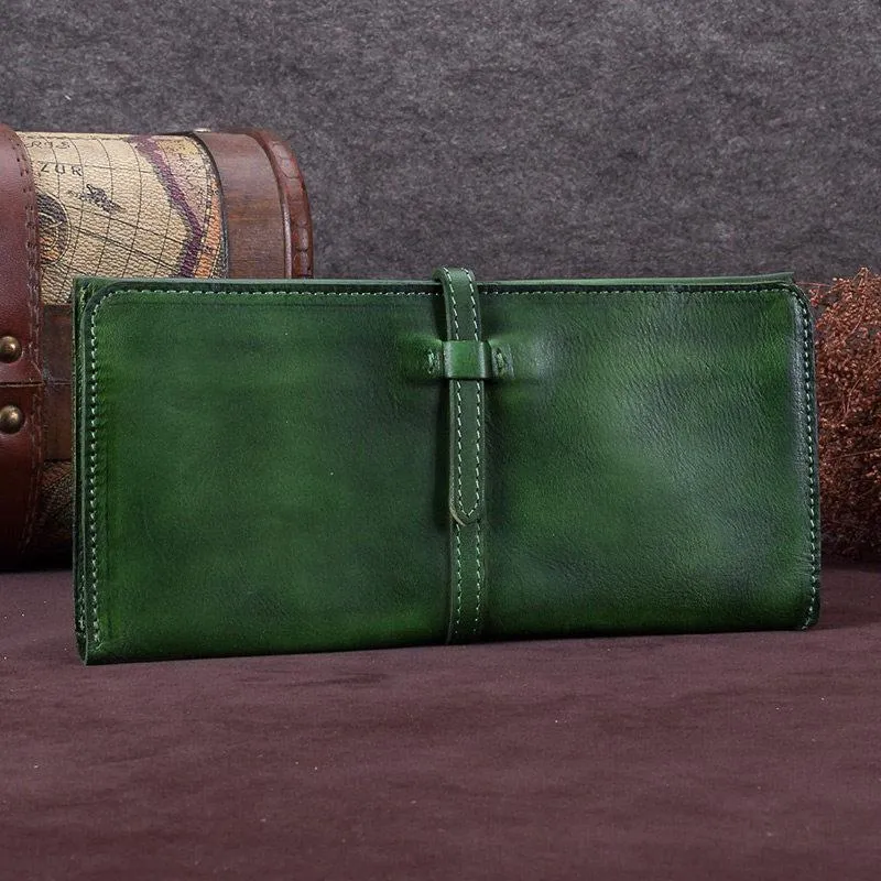 Green Womens Leather Slim Long Wallet Bifold Leather Wallet Womens Long Purse for Ladies