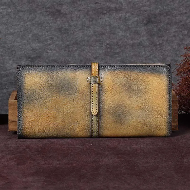 Green Womens Leather Slim Long Wallet Bifold Leather Wallet Womens Long Purse for Ladies