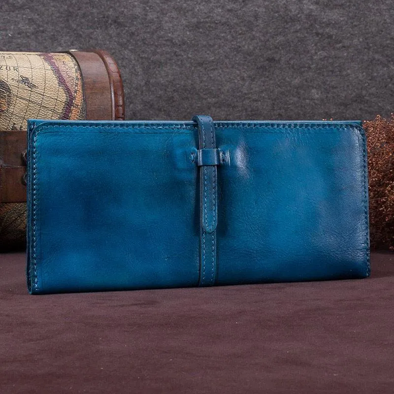 Green Womens Leather Slim Long Wallet Bifold Leather Wallet Womens Long Purse for Ladies