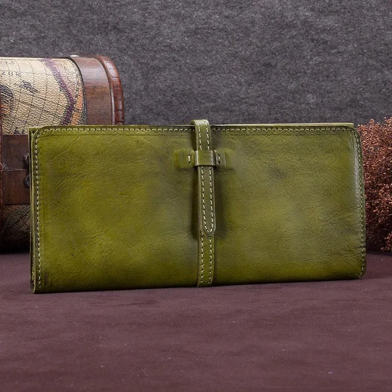 Green Womens Leather Slim Long Wallet Bifold Leather Wallet Womens Long Purse for Ladies