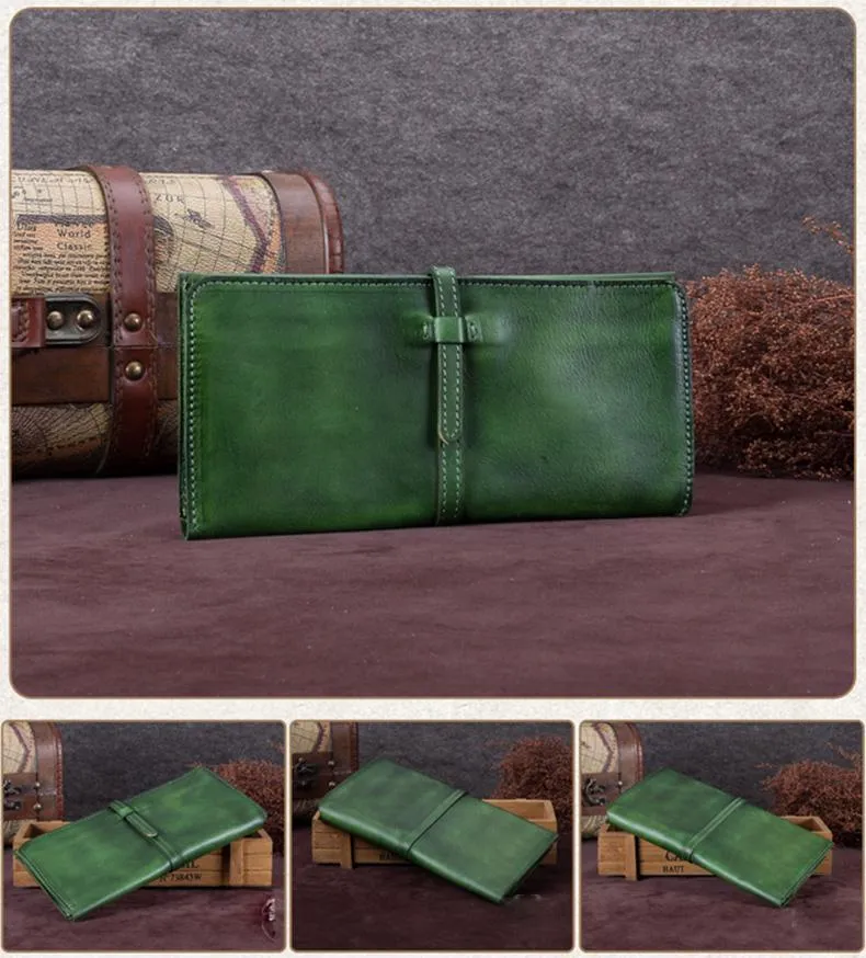 Green Womens Leather Slim Long Wallet Bifold Leather Wallet Womens Long Purse for Ladies