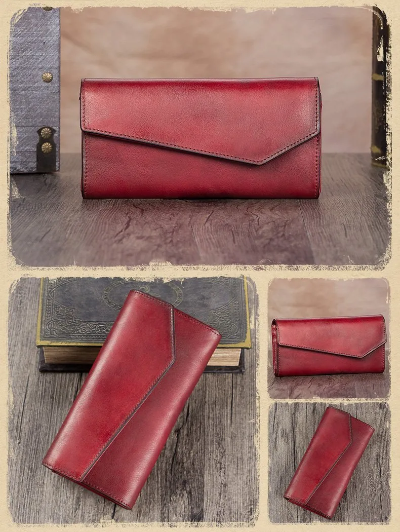 Grey Geometric Womens Genuine Leather Tan Long Wallet Red Clutch Phone Purses for Ladies