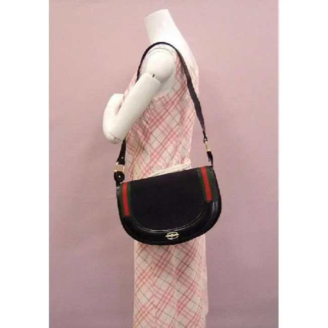 Gucci Early Saddle With Sherry Stripes Black Leather And Gg Leather Shoulder Bag