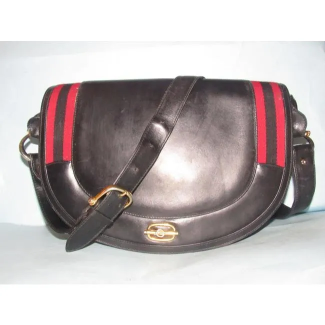 Gucci Early Saddle With Sherry Stripes Black Leather And Gg Leather Shoulder Bag