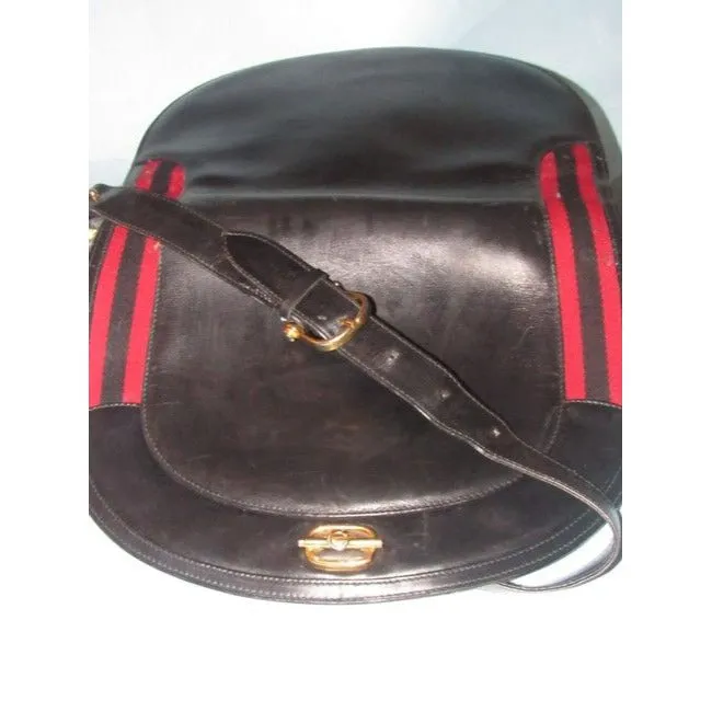 Gucci Early Saddle With Sherry Stripes Black Leather And Gg Leather Shoulder Bag
