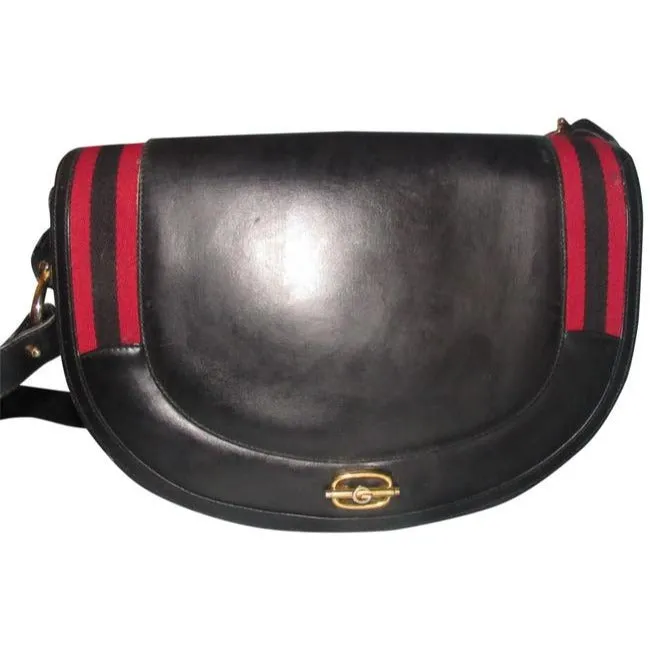 Gucci Early Saddle With Sherry Stripes Black Leather And Gg Leather Shoulder Bag