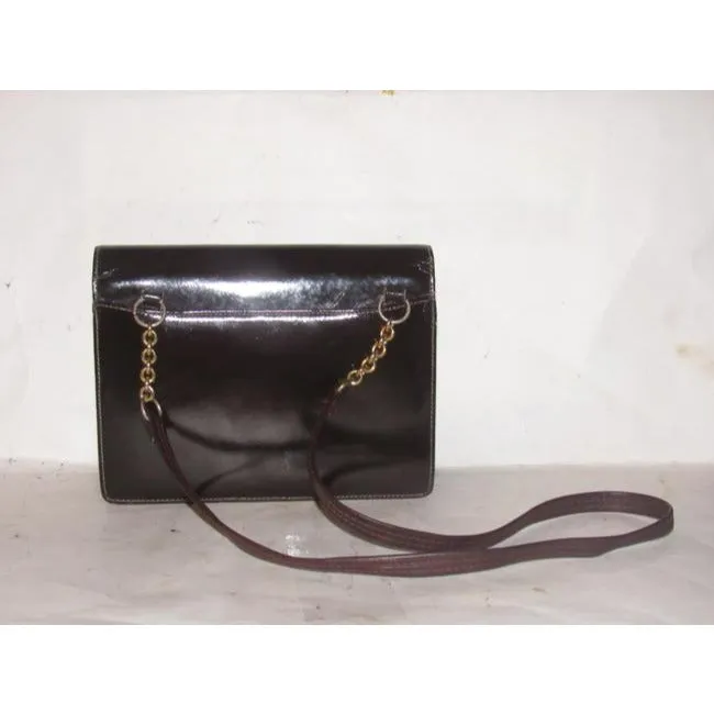 Gucci Horsebit Brown W Gold And Enamel Clasp Patent Leather Shoulder Bag