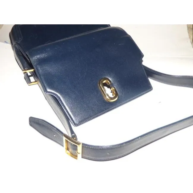 Gucci, RARE, bohemian/mod, navy blue leather, envelope top, shoulder purse with bold gold 'G' twist closure
