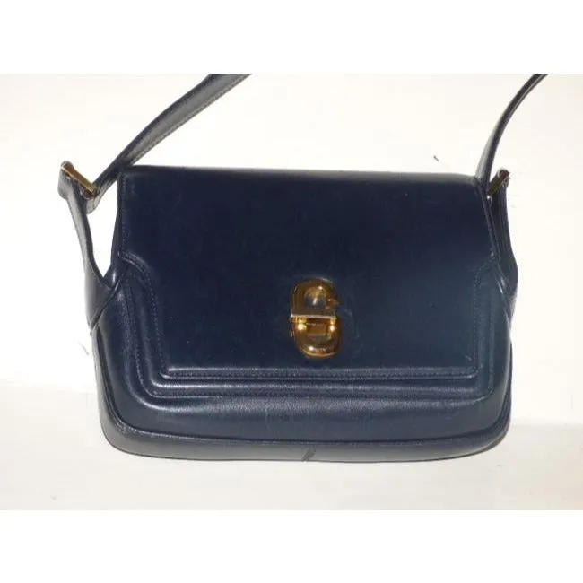 Gucci, RARE, bohemian/mod, navy blue leather, envelope top, shoulder purse with bold gold 'G' twist closure
