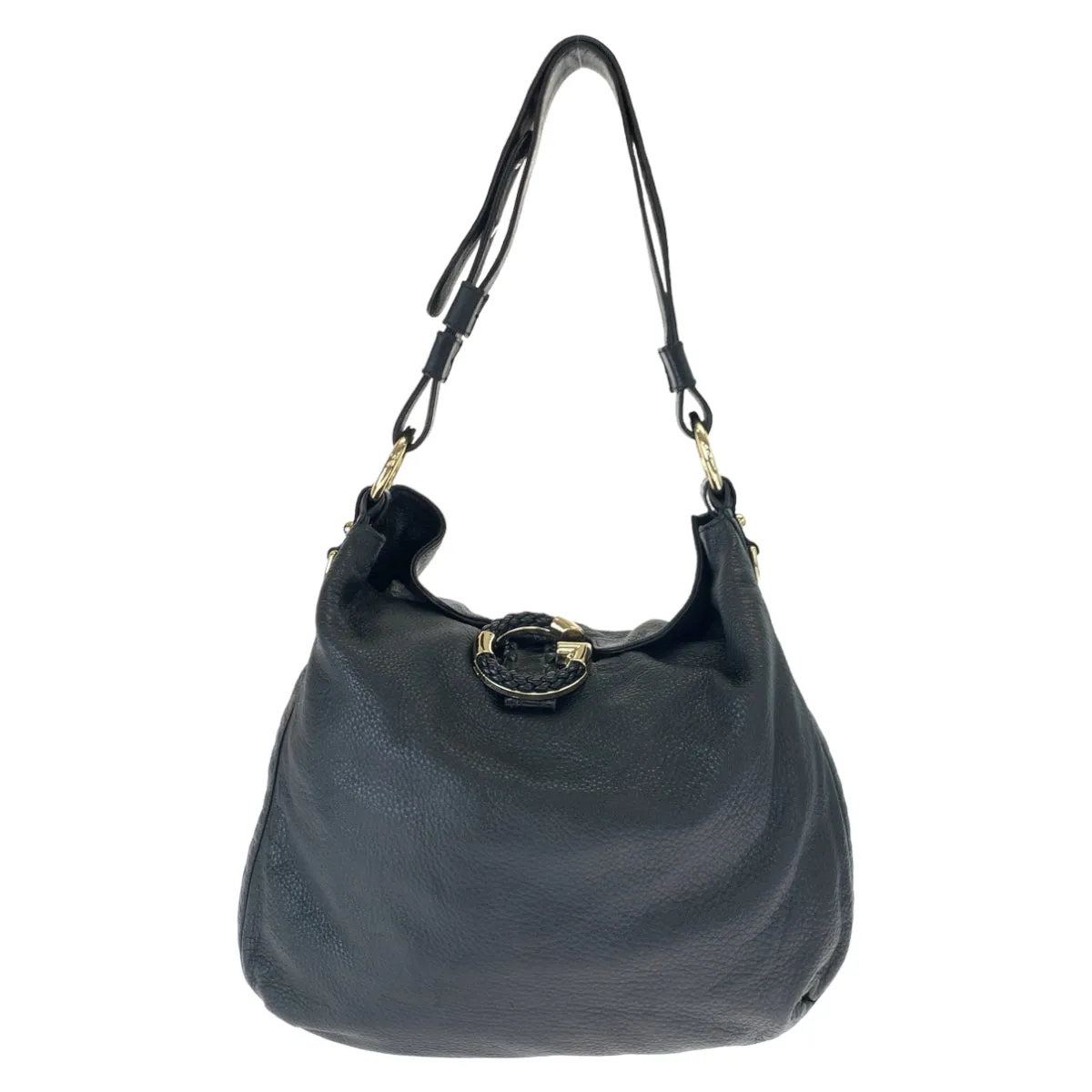 GUCCI Shoulder Bag 232931 leather Black Gold Metal Embossed Leather Shoulder Bag G Wave Hobo Women Used