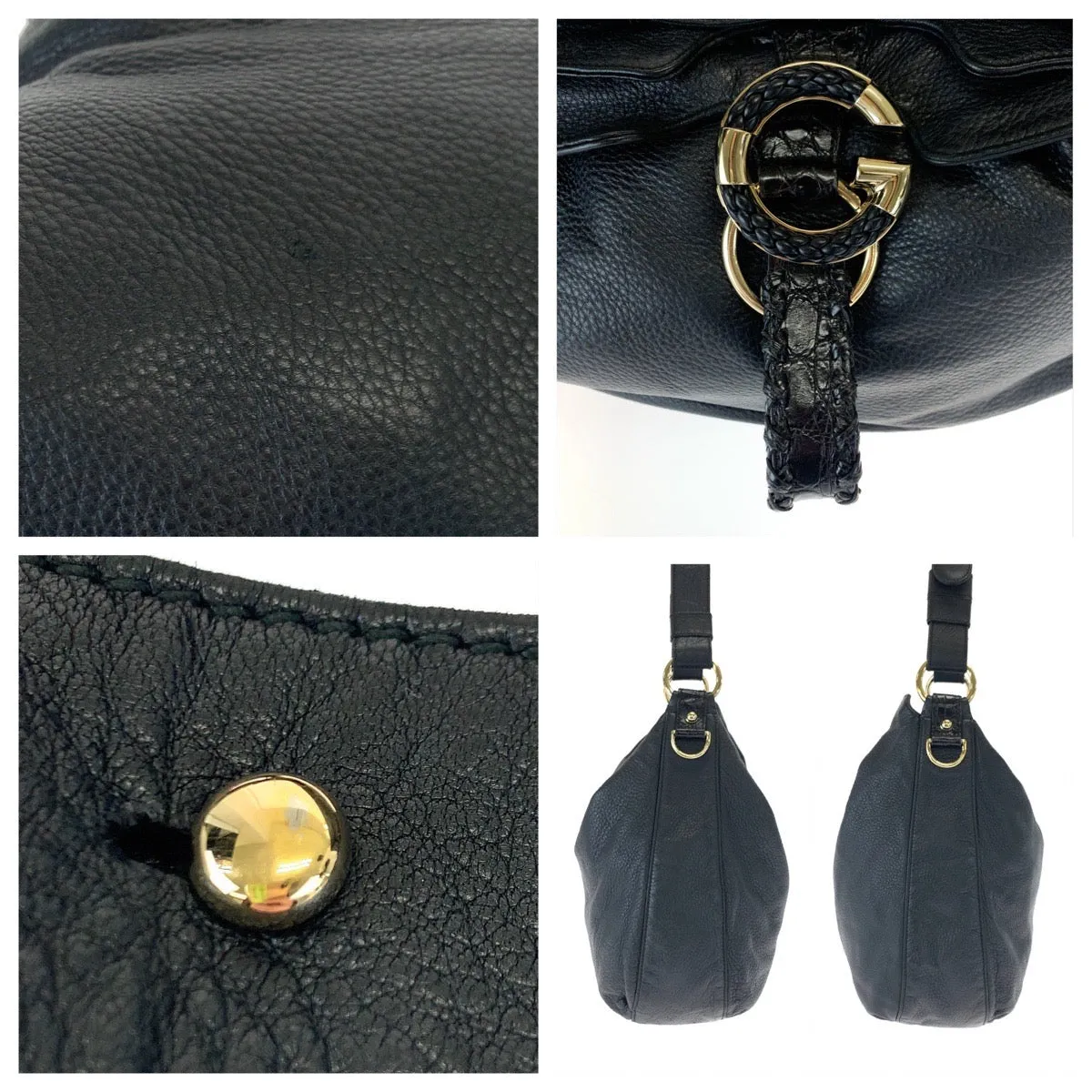 GUCCI Shoulder Bag 232931 leather Black Gold Metal Embossed Leather Shoulder Bag G Wave Hobo Women Used