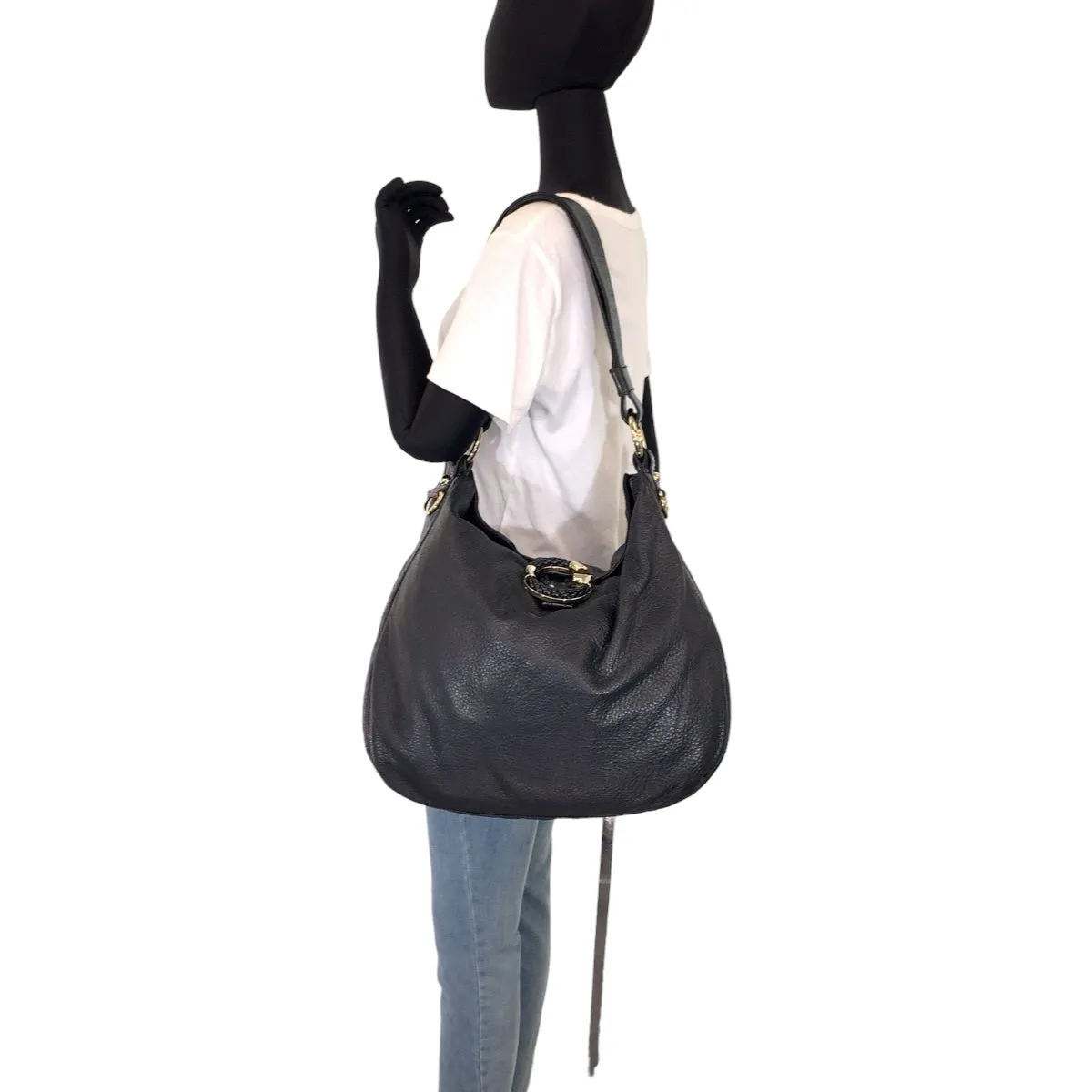 GUCCI Shoulder Bag 232931 leather Black Gold Metal Embossed Leather Shoulder Bag G Wave Hobo Women Used