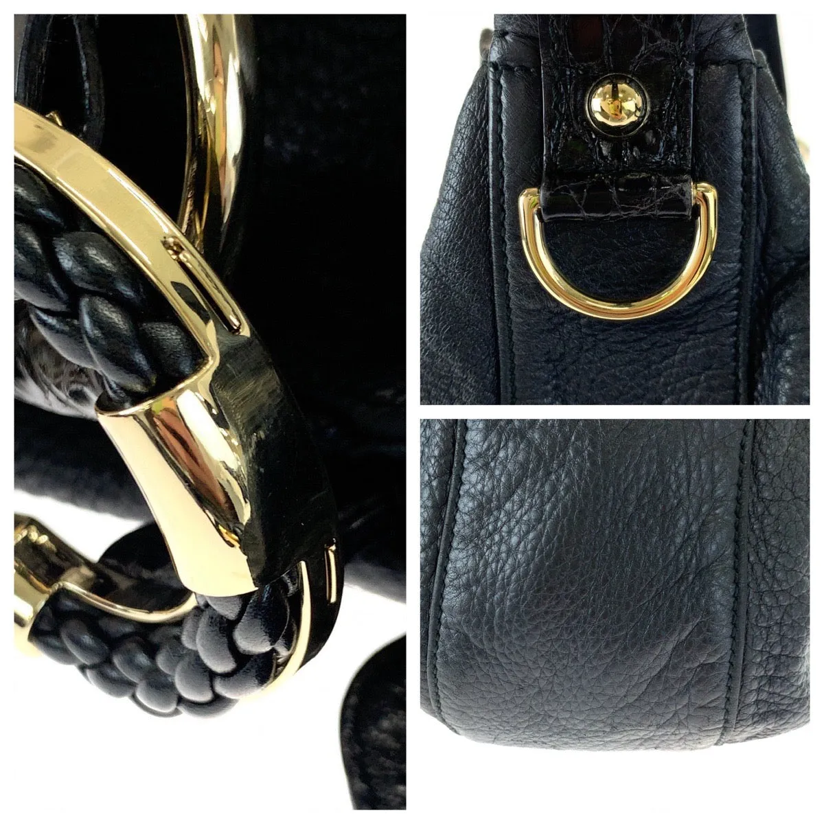 GUCCI Shoulder Bag 232931 leather Black Gold Metal Embossed Leather Shoulder Bag G Wave Hobo Women Used