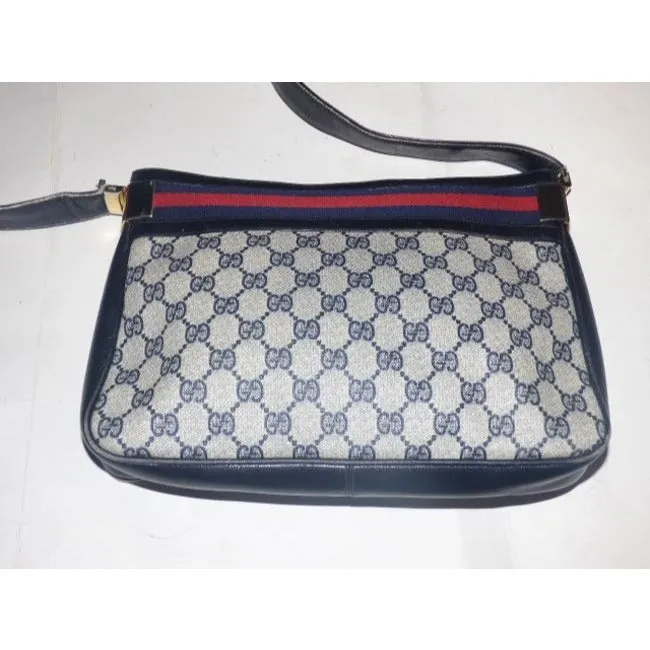Gucci Vintage Shades Of Blue With Large G Logo Coated Canvas And Leather Shoulder Bag