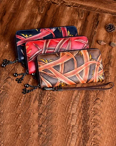 Handmade Bracketplant Red Leather Wristlet Wallet Womens Zip Around Wallets Flowers Ladies Zipper Clutch Wallet for Women