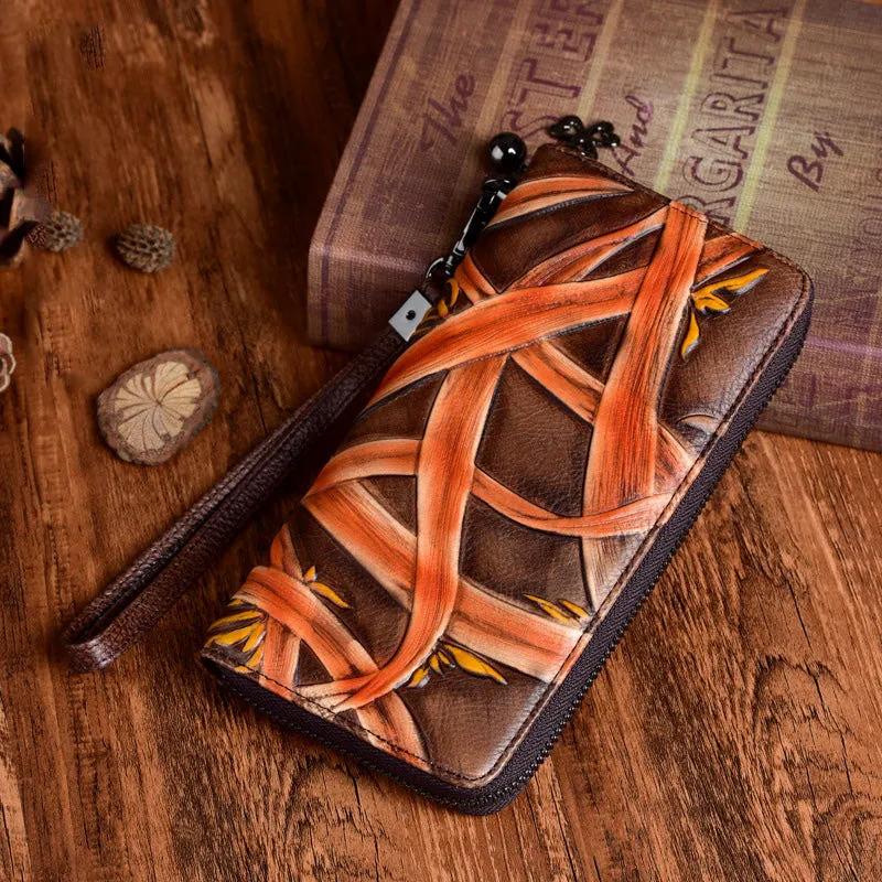 Handmade Bracketplant Red Leather Wristlet Wallet Womens Zip Around Wallets Flowers Ladies Zipper Clutch Wallet for Women