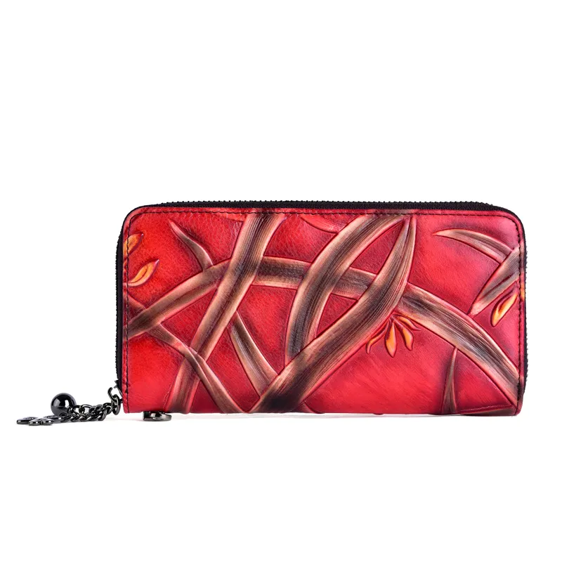 Handmade Bracketplant Red Leather Wristlet Wallet Womens Zip Around Wallets Flowers Ladies Zipper Clutch Wallet for Women