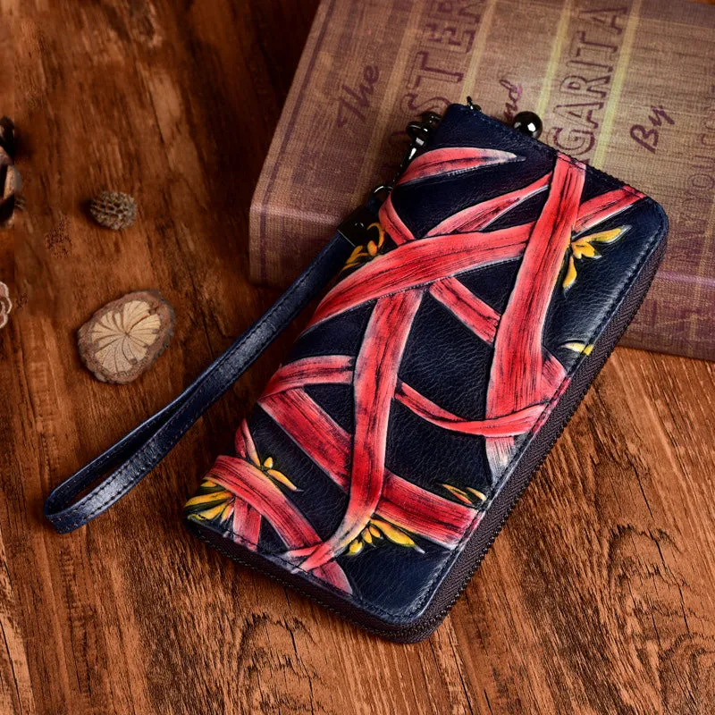 Handmade Bracketplant Red Leather Wristlet Wallet Womens Zip Around Wallets Flowers Ladies Zipper Clutch Wallet for Women