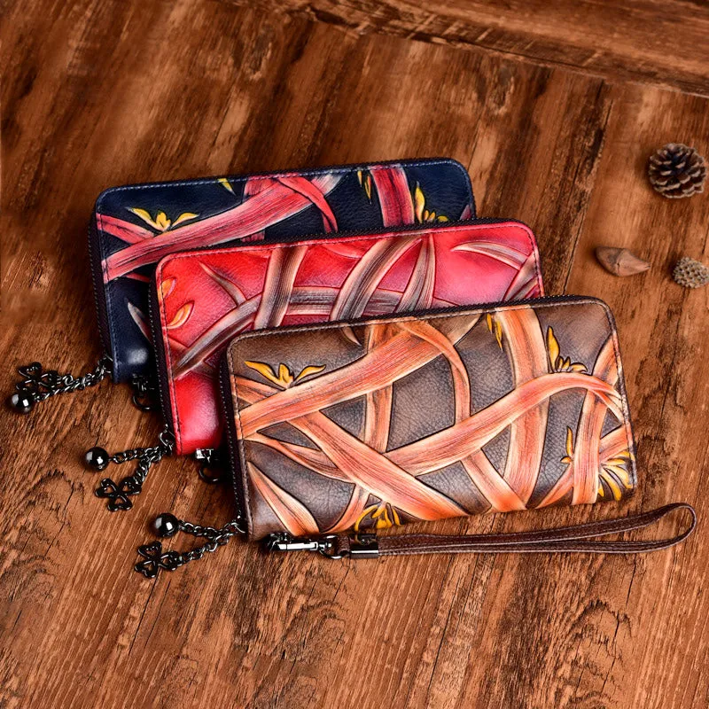 Handmade Bracketplant Red Leather Wristlet Wallet Womens Zip Around Wallets Flowers Ladies Zipper Clutch Wallet for Women