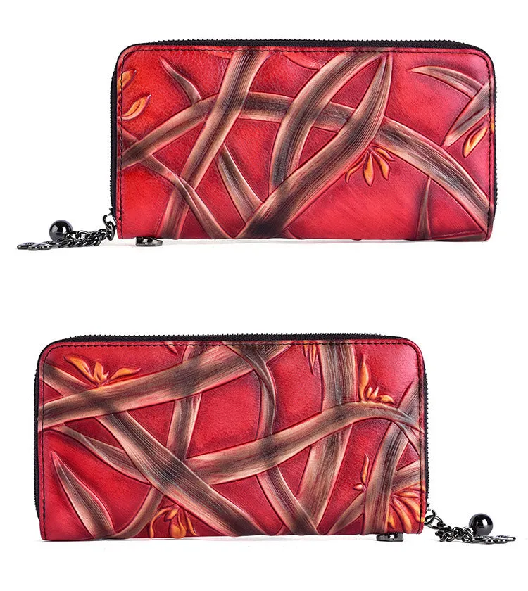 Handmade Bracketplant Red Leather Wristlet Wallet Womens Zip Around Wallets Flowers Ladies Zipper Clutch Wallet for Women